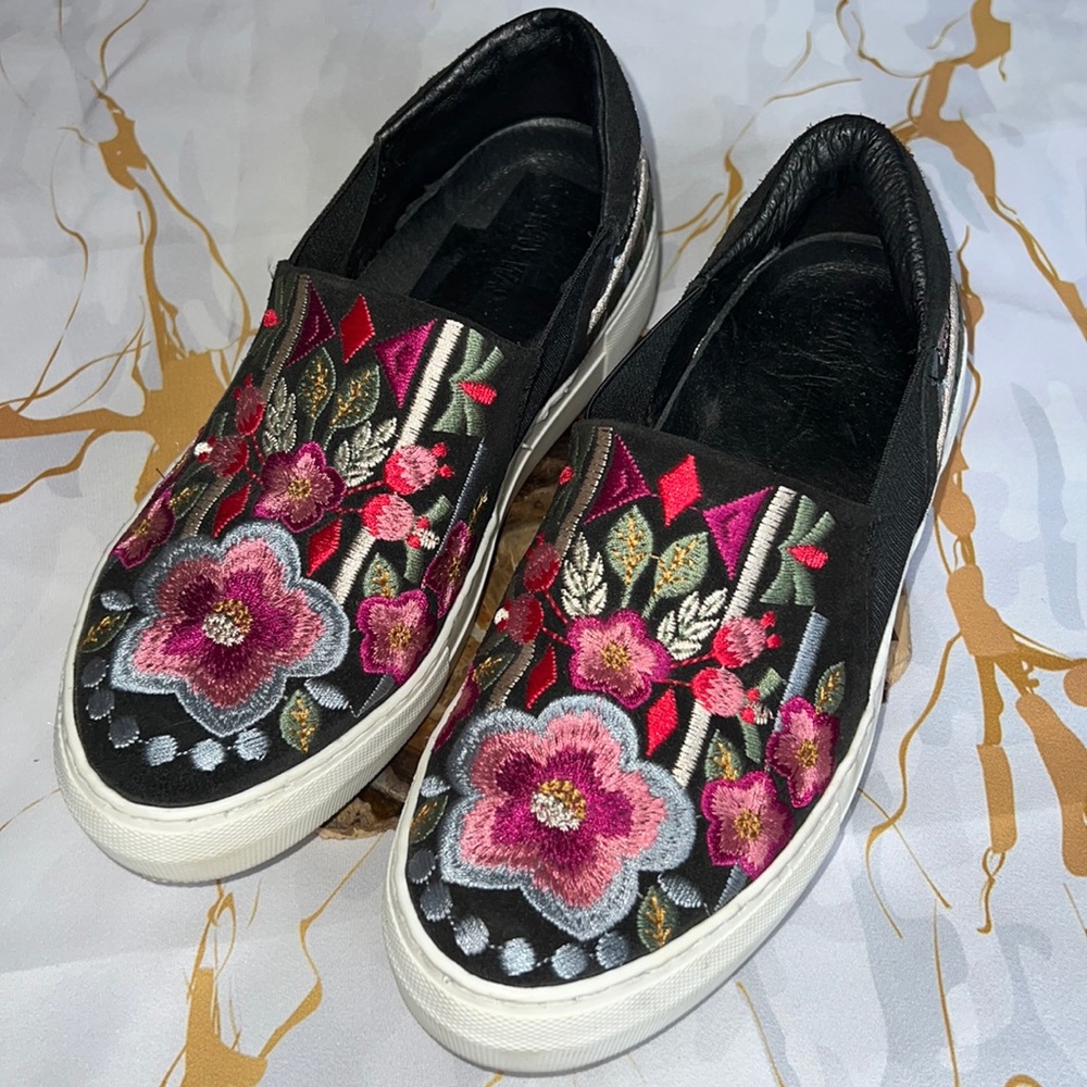Johnny Was Black Slip-On Sneakers with Pink Floral Embroidery
